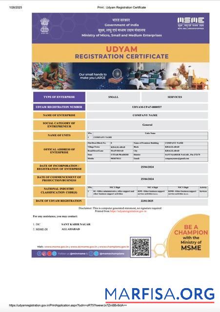 Blank India Udyam registration certificate Word and PDF template, version 5